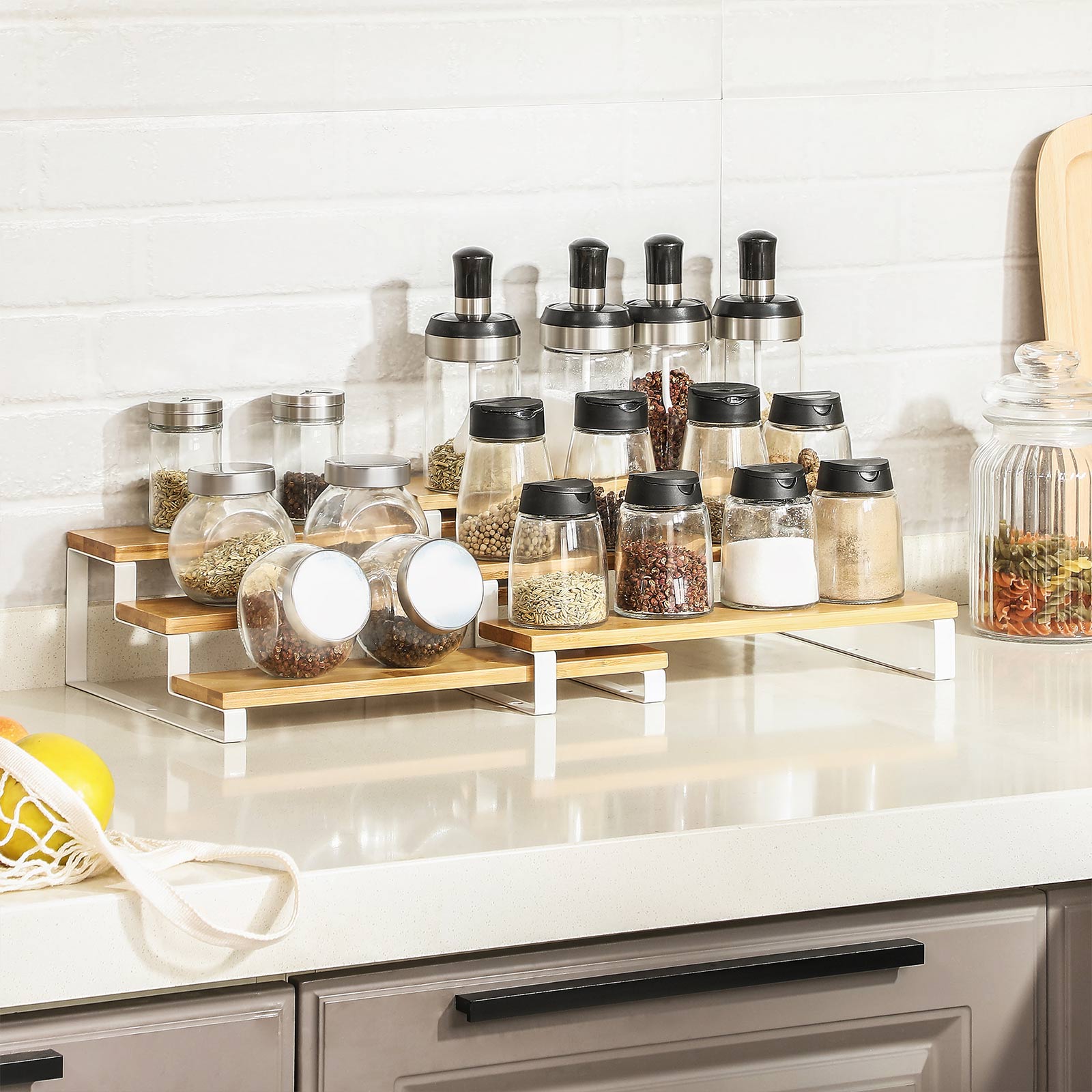 Spice Rack – Bamboo – Natural and White – 3-Tier Extendable Stackable Design