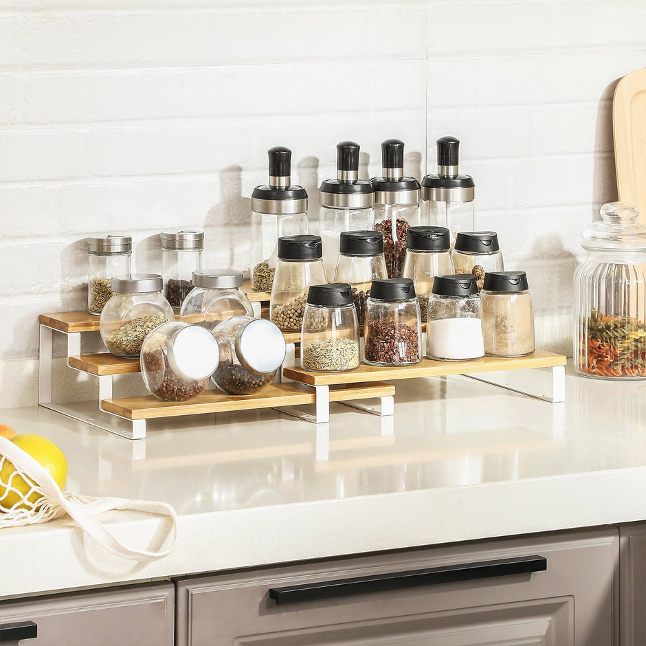 Spice Rack – Bamboo – Natural and White – 3-Tier Extendable Stackable Design