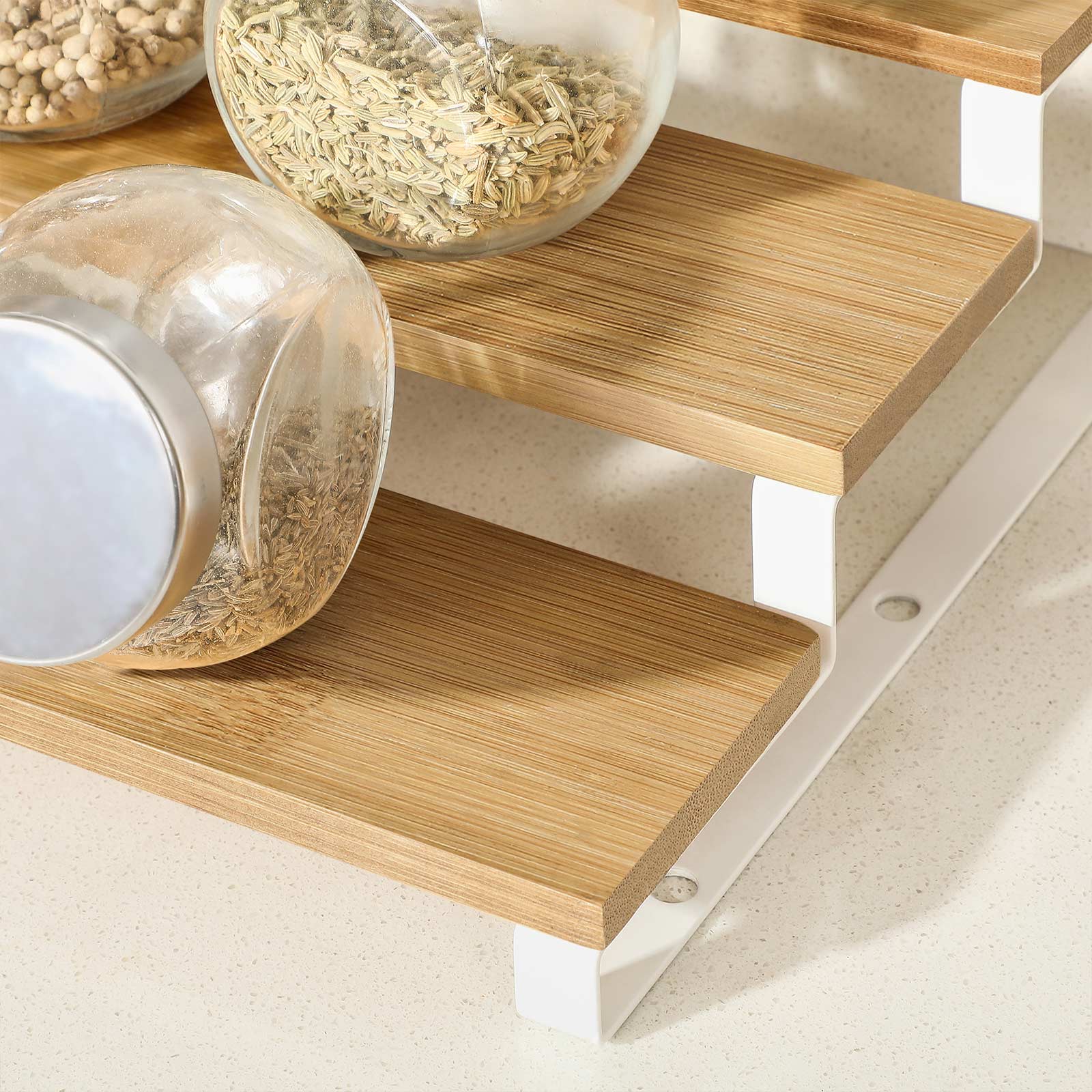 Spice Rack – Bamboo – Natural and White – 3-Tier Extendable Stackable Design