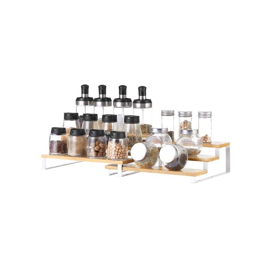 Spice Rack – Bamboo – Natural and White – 3-Tier Extendable Stackable Design