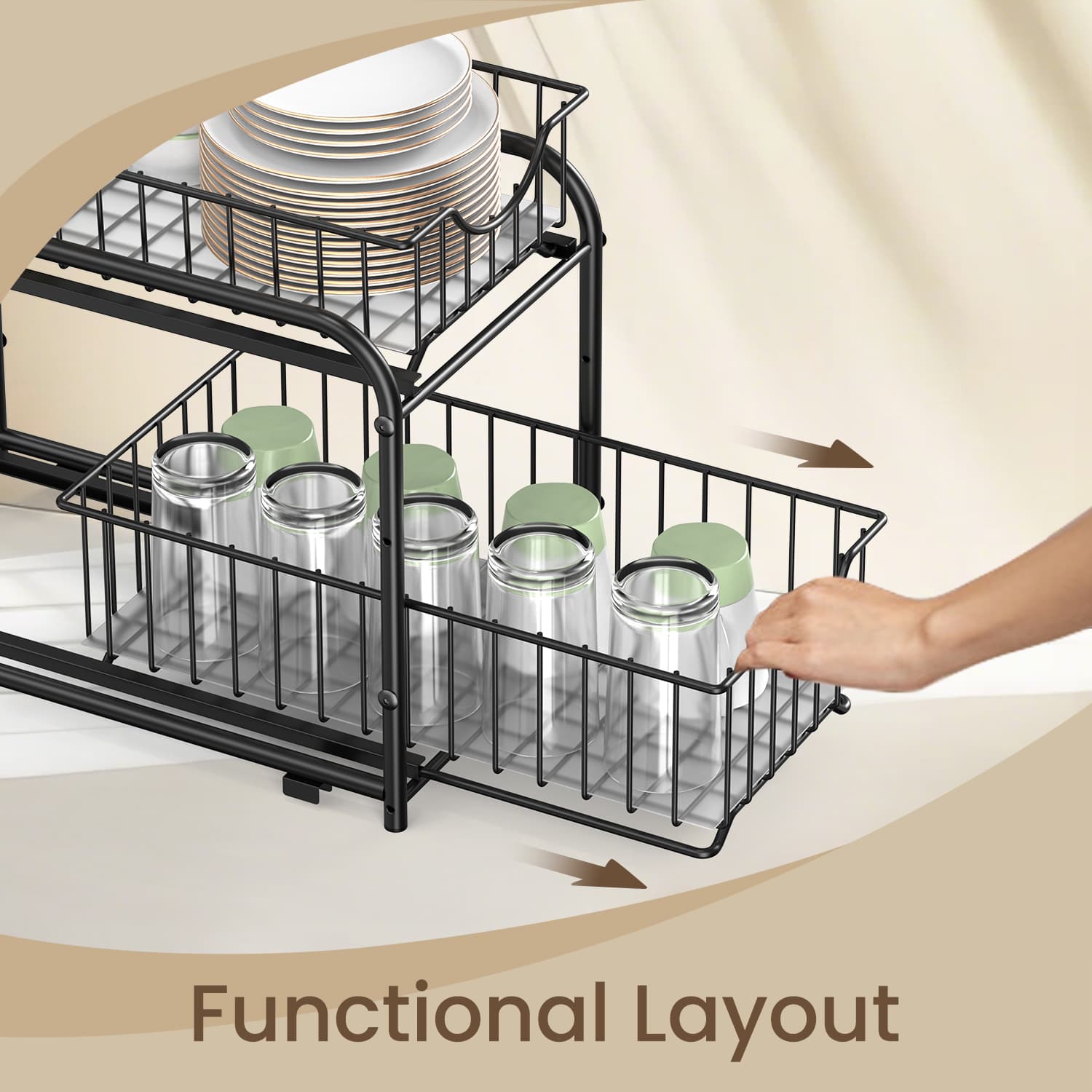 2-Tier Under Sink Organizer – Metal – Classic Black – Stackable with Sliding Baskets