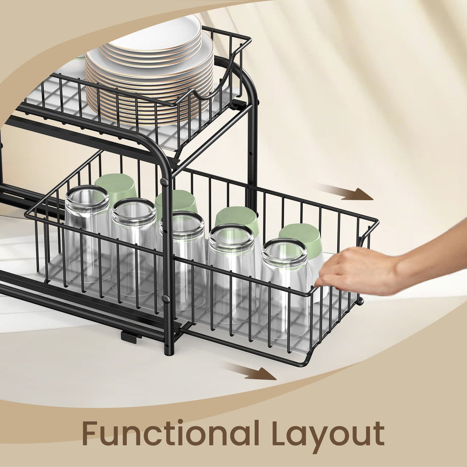 2-Tier Under Sink Organizer – Metal – Classic Black – Stackable with Sliding Baskets