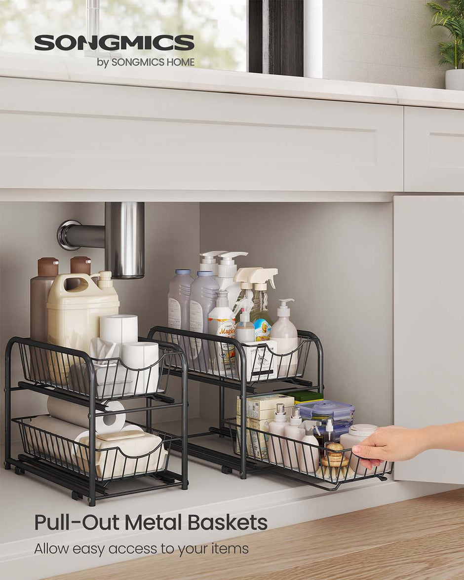 2-Tier Under Sink Storage Organiser – Metal – Classic Black – Sliding Basket Drawers