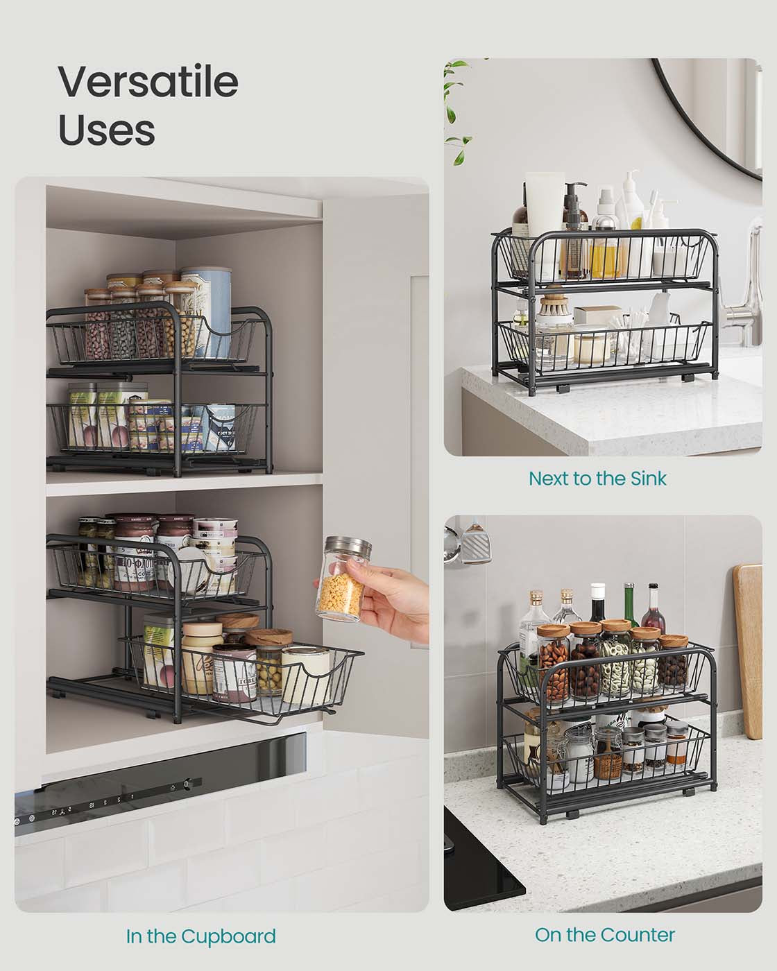 2-Tier Under Sink Storage Organiser – Metal – Classic Black – Sliding Basket Drawers