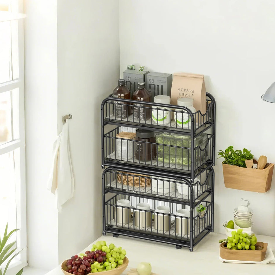 2-Tier Under Sink Organizer – Metal – Classic Black – Stackable with Sliding Basket Drawers