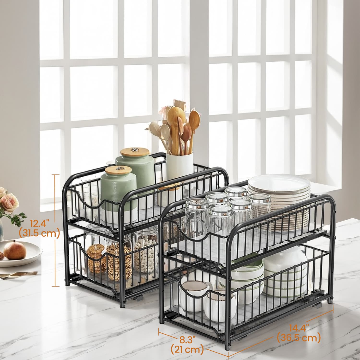 2-Tier Under Sink Organizer – Metal – Classic Black – Stackable with Sliding Basket Drawers