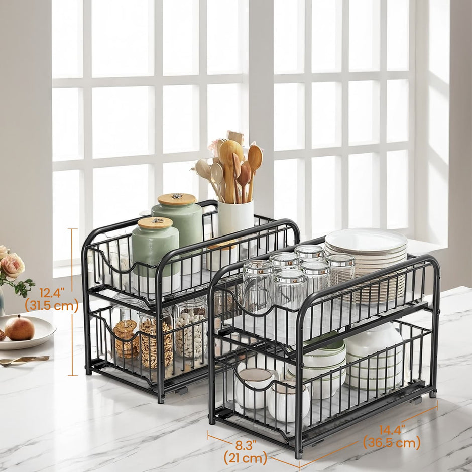 2-Tier Under Sink Organizer – Metal – Classic Black – Stackable with Sliding Basket Drawers
