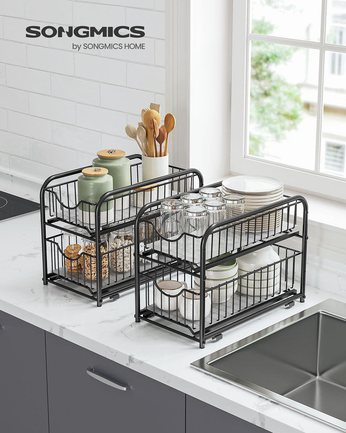 Set of 2 Sliding Basket Organizers – Metal – Classic Black – Stackable 2-Tier Under-Sink Storage for Kitchen & Bathroom