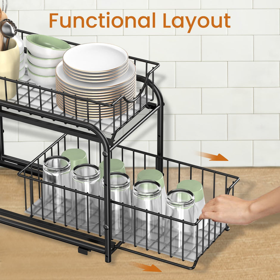 2-Tier Under Sink Organizer – Metal – Classic Black – Stackable with Sliding Basket Drawers