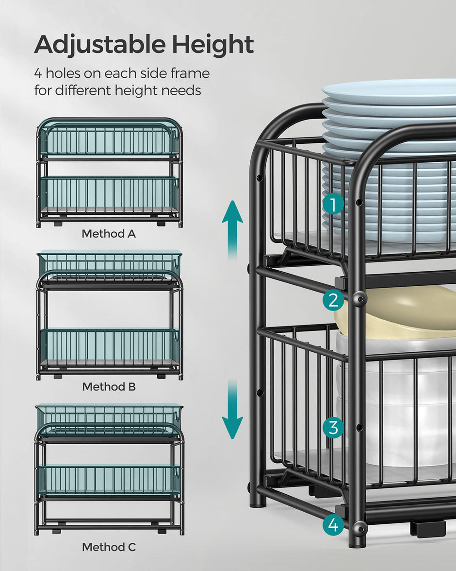 Set of 2 Sliding Basket Organizers – Metal – Classic Black – Stackable 2-Tier Under-Sink Storage for Kitchen & Bathroom