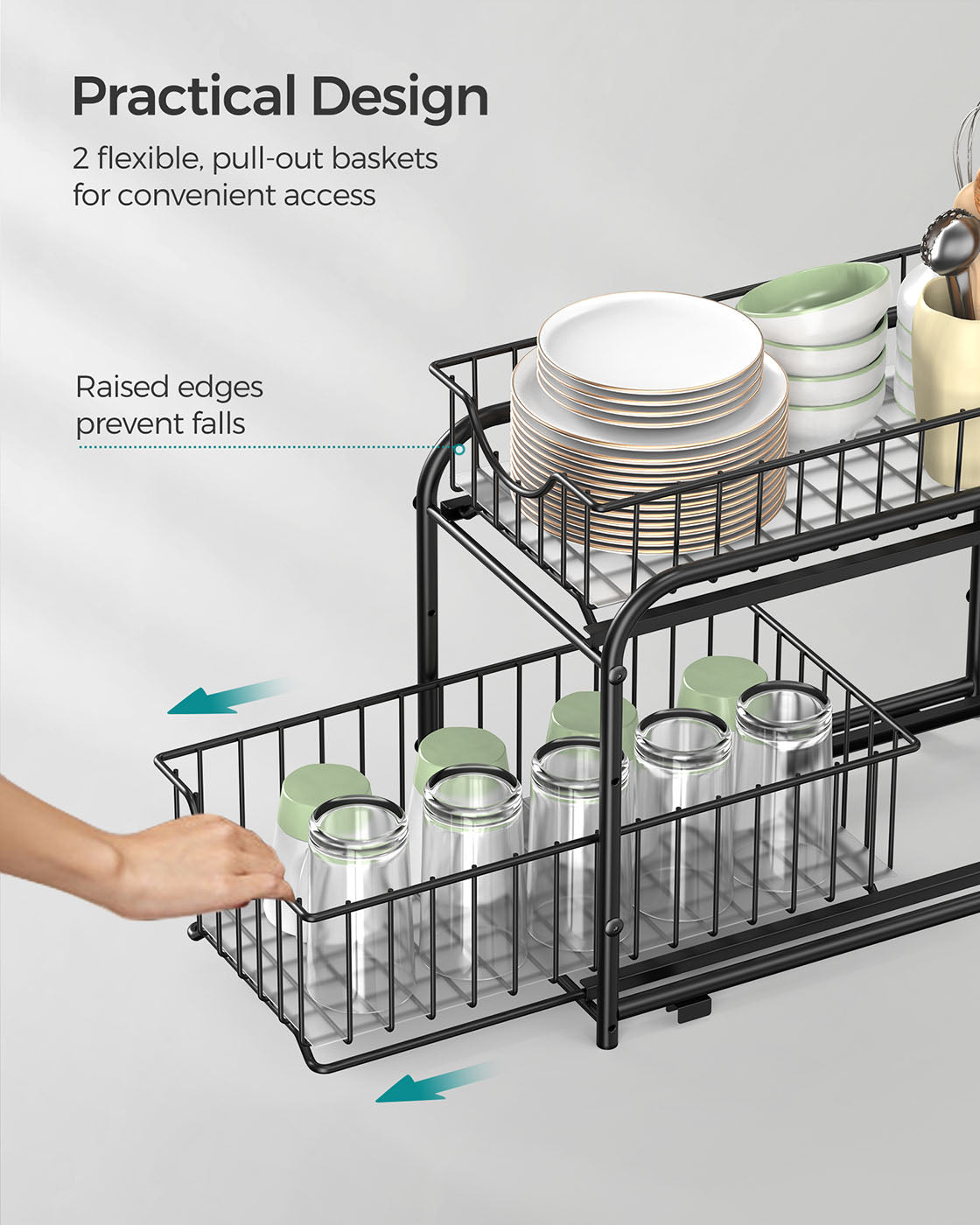 Set of 2 Sliding Basket Organizers – Metal – Classic Black – Stackable 2-Tier Under-Sink Storage for Kitchen & Bathroom