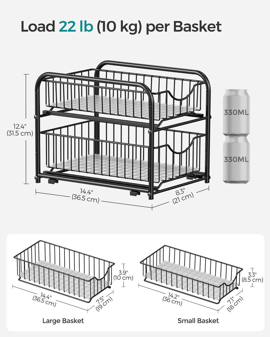 Set of 2 Sliding Basket Organizers – Metal – Classic Black – Stackable 2-Tier Under-Sink Storage for Kitchen & Bathroom