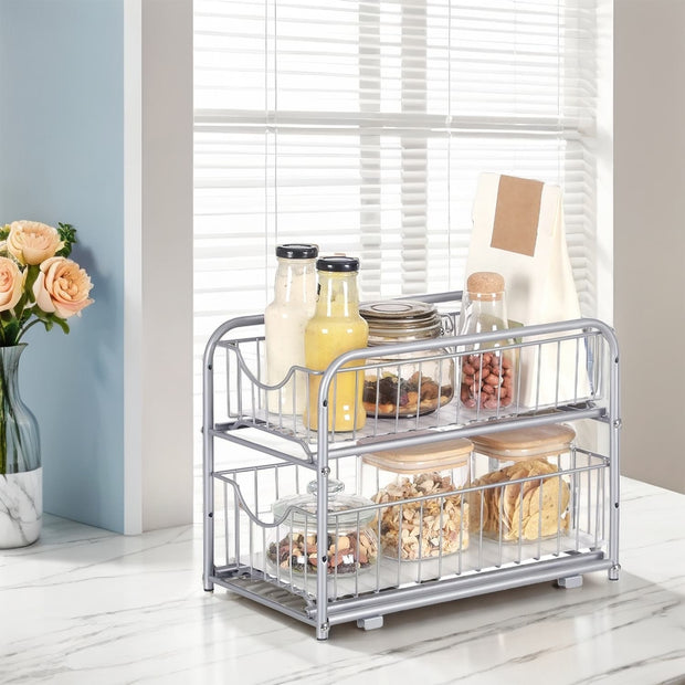 2-Tier Under Sink Organizer – Metal – Classic Black – Stackable with Sliding Baskets