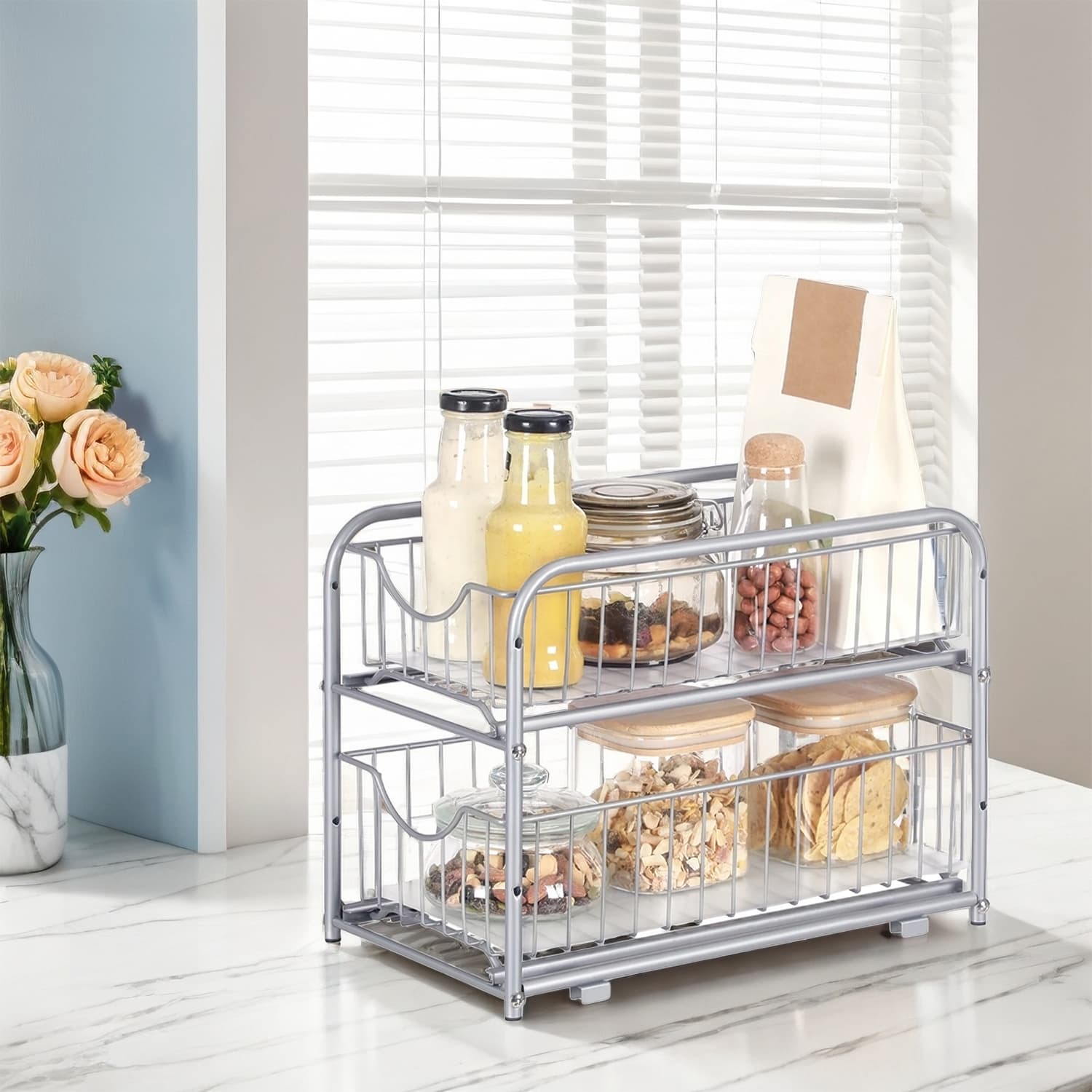 2-Tier Under Sink Organizer – Metal – Classic Black – Stackable with Sliding Basket Drawers