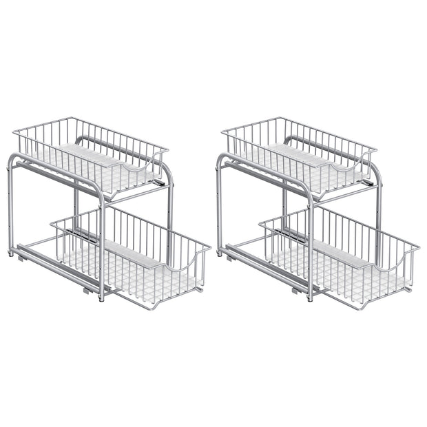 Set of 2 Sliding Basket Organizers – Metallic – Silver – Stackable 2-Tier Under-Sink Storage for Kitchen and Bathroom