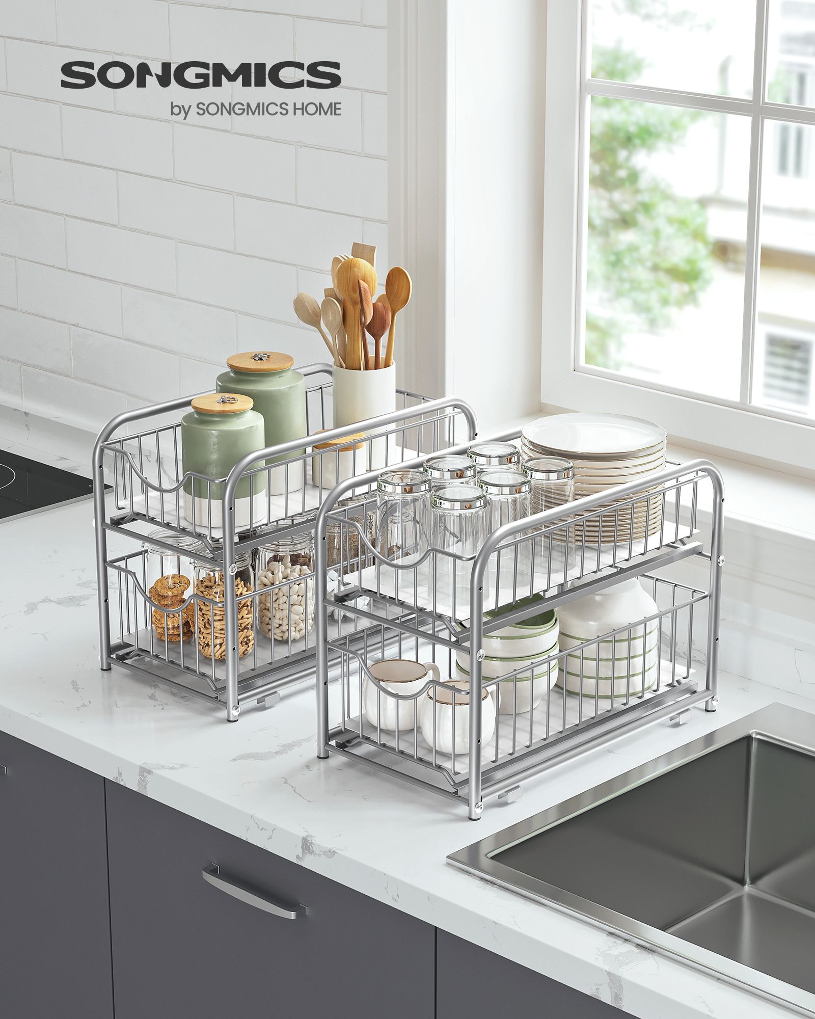 Set of 2 Sliding Basket Organizers – Metallic – Silver – Stackable 2-Tier Under-Sink Storage for Kitchen and Bathroom
