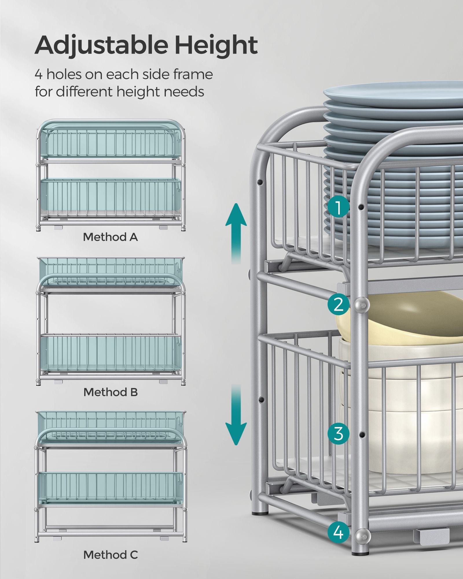 Set of 2 Sliding Basket Organizers – Metallic – Silver – Stackable 2-Tier Under-Sink Storage for Kitchen and Bathroom
