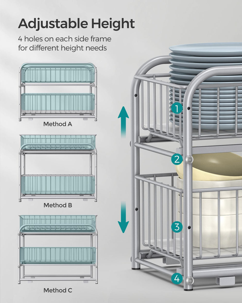 Set of 2 Sliding Basket Organizers – Metallic – Silver – Stackable 2-Tier Under-Sink Storage for Kitchen and Bathroom