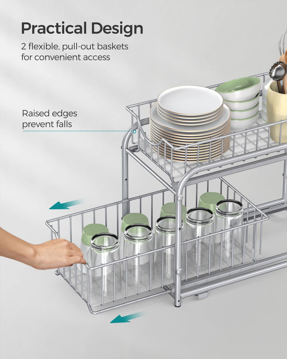Set of 2 Sliding Basket Organizers – Metallic – Silver – Stackable 2-Tier Under-Sink Storage for Kitchen and Bathroom
