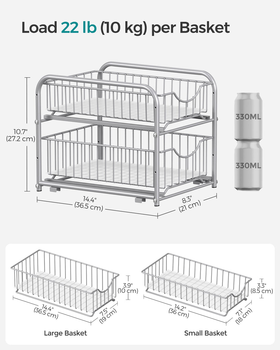 Set of 2 Sliding Basket Organizers – Metallic – Silver – Stackable 2-Tier Under-Sink Storage for Kitchen and Bathroom
