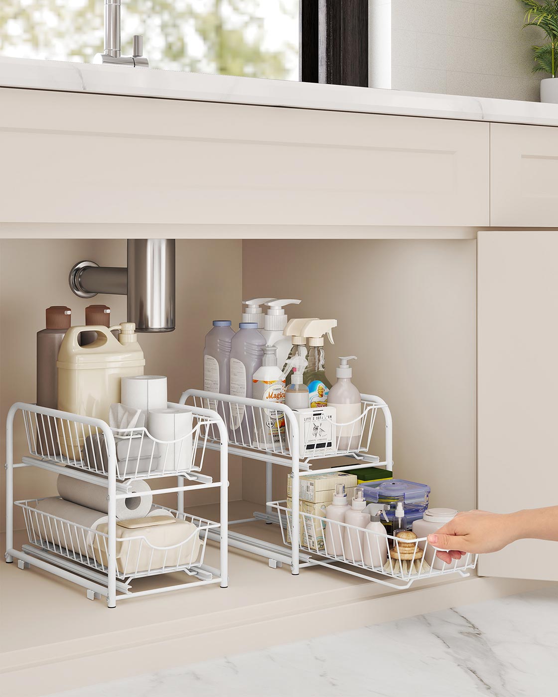 Under Sink Storage Organiser – Matte White – 2-Tier Design with Sliding Basket Drawers