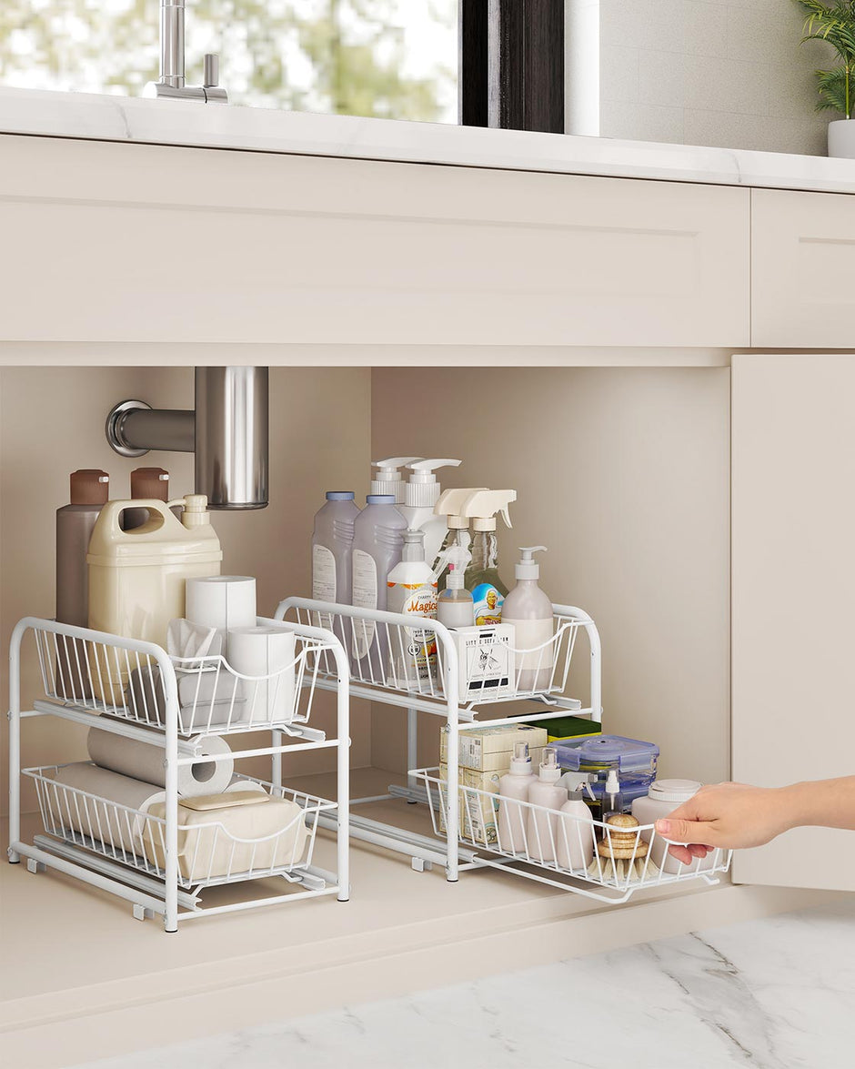 Under Sink Storage Organiser – Matte White – 2-Tier Design with Sliding Basket Drawers