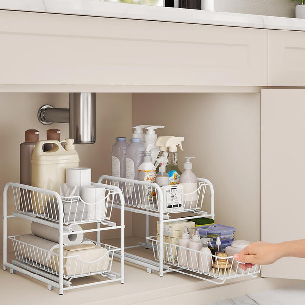 Under Sink Storage Organiser – Matte White – 2-Tier Design with Sliding Basket Drawers