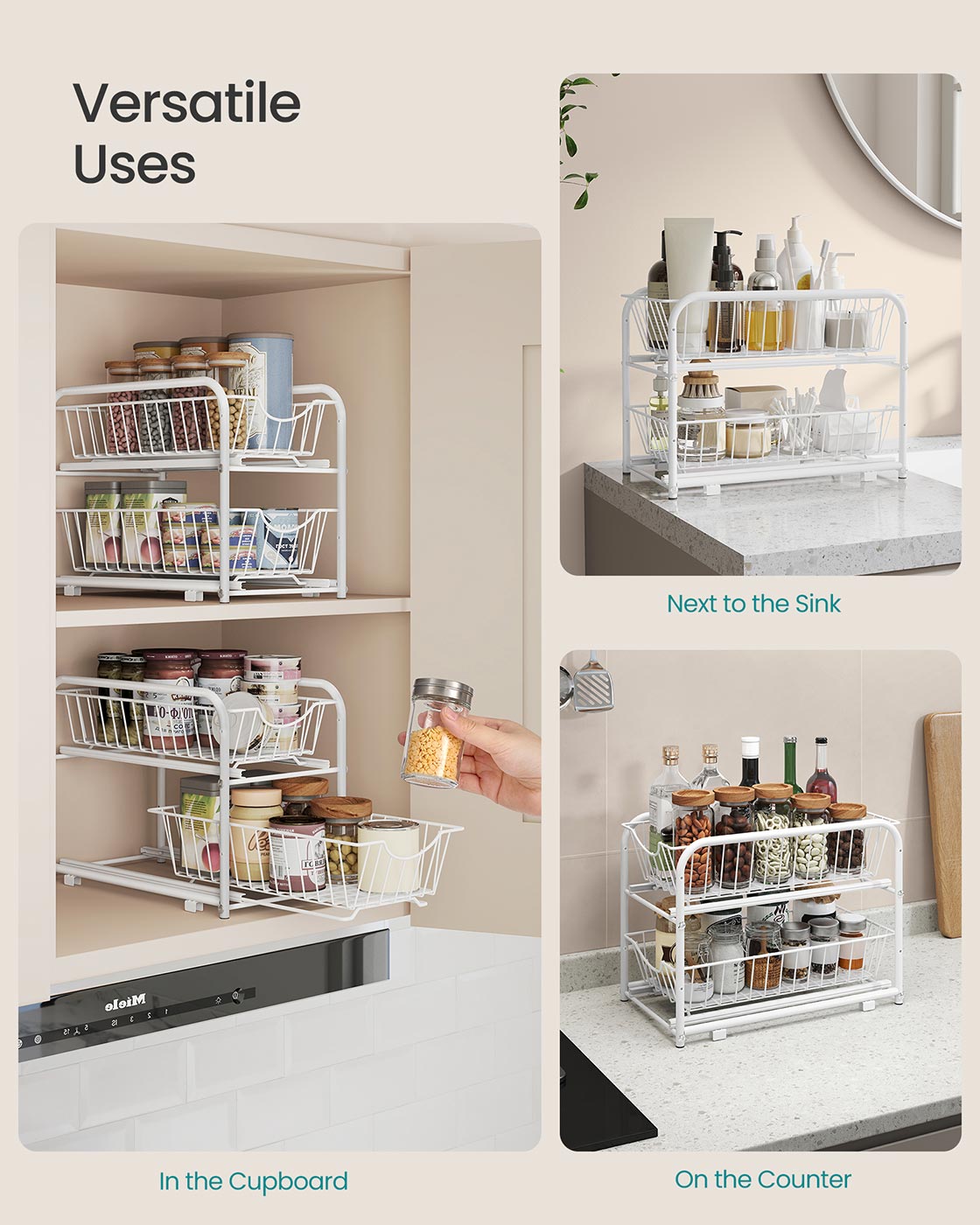 Under Sink Storage Organiser – Matte White – 2-Tier Design with Sliding Basket Drawers