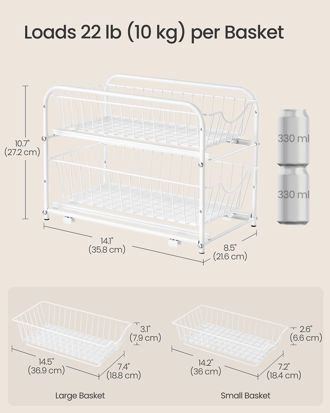 Under Sink Storage Organiser – Matte White – 2-Tier Design with Sliding Basket Drawers
