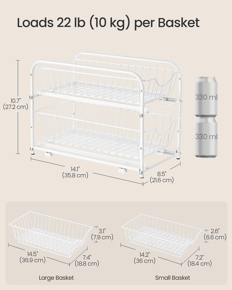 Under Sink Storage Organiser – Matte White – 2-Tier Design with Sliding Basket Drawers