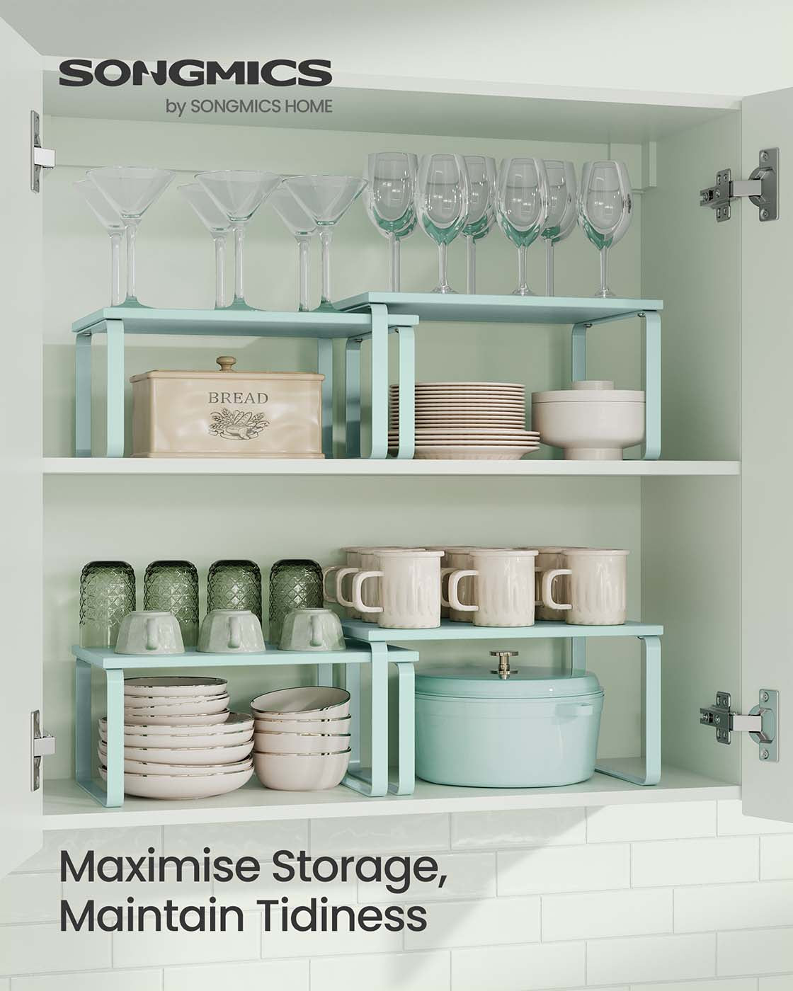Set of 2 Stackable Expandable Kitchen Spice Racks – Metal and Engineered Wood – Moonlight Green – Organisers for Cupboards