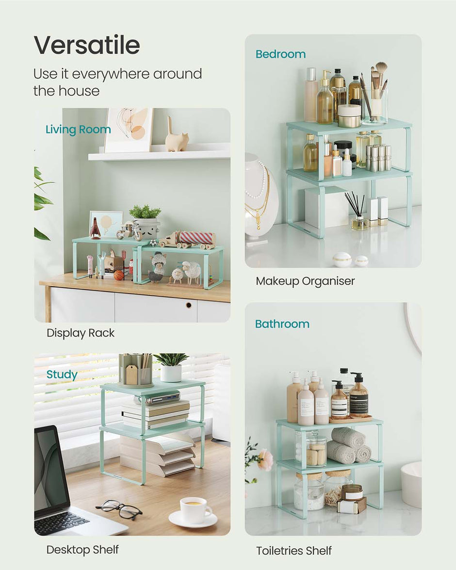 Set of 2 Stackable Expandable Kitchen Spice Racks – Metal and Engineered Wood – Moonlight Green – Organisers for Cupboards