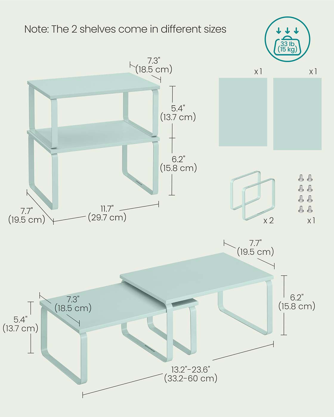 Set of 2 Stackable Expandable Kitchen Spice Racks – Metal and Engineered Wood – Moonlight Green – Organisers for Cupboards