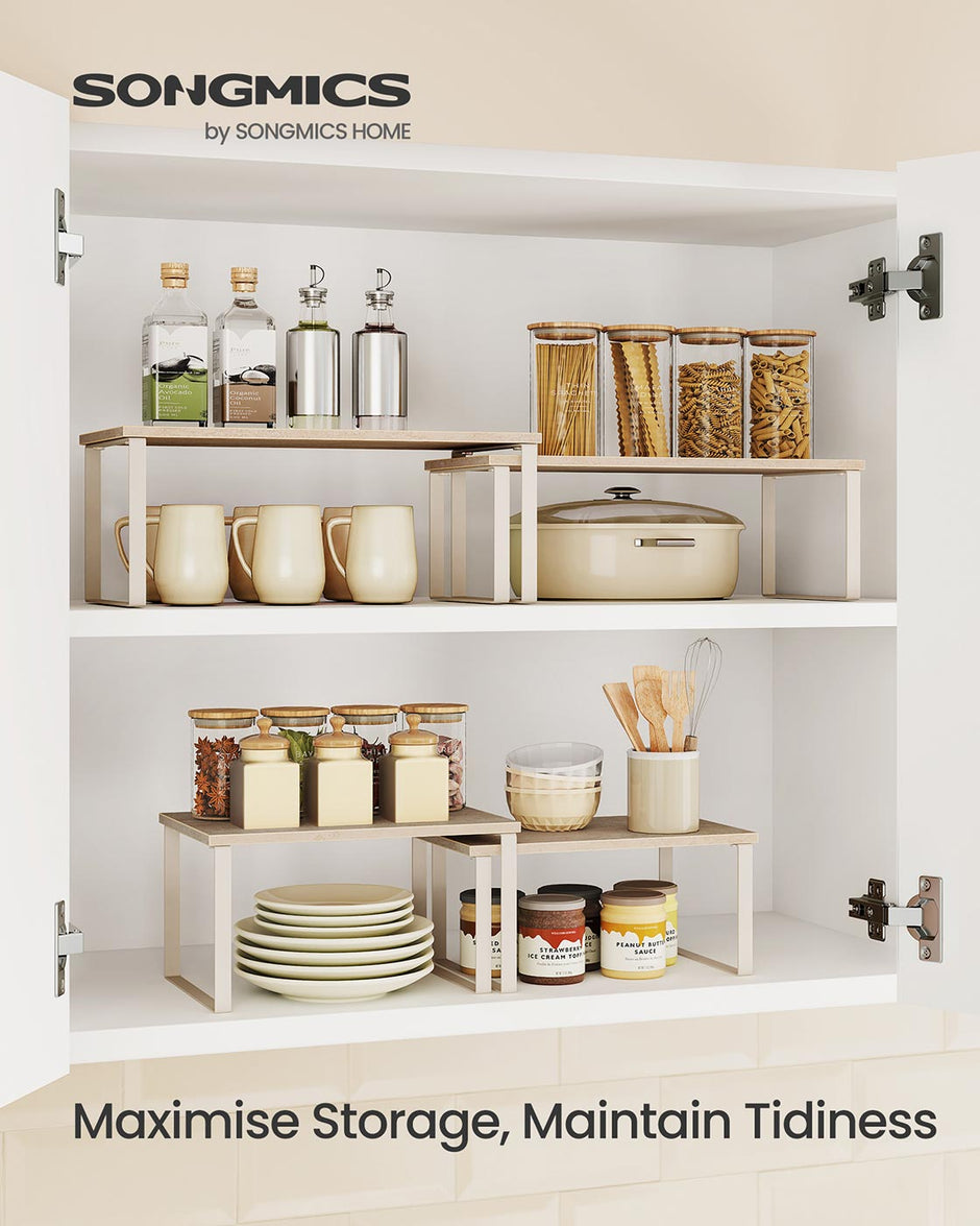 Spice Rack Set – Metal and Engineered Wood – Travertine Beige and Cream White – Expandable and Stackable Design
