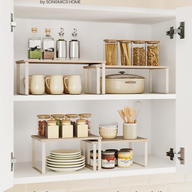 Spice Rack Set – Metal and Engineered Wood – Travertine Beige and Cream White – Expandable and Stackable Design