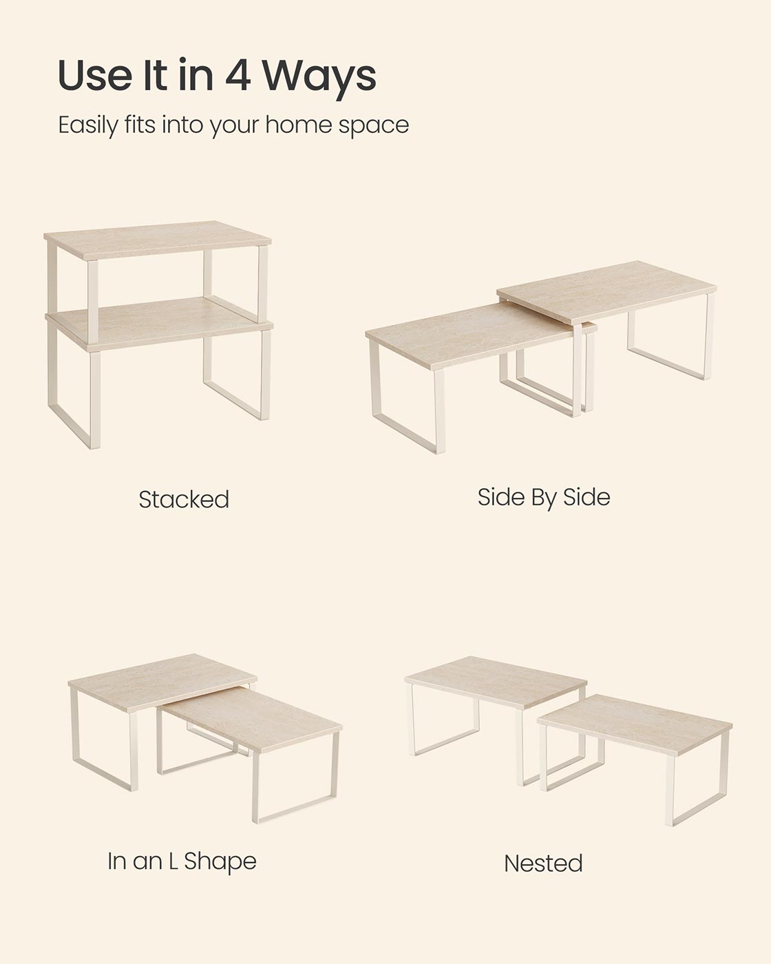 Spice Rack Set – Metal and Engineered Wood – Travertine Beige and Cream White – Expandable and Stackable Design
