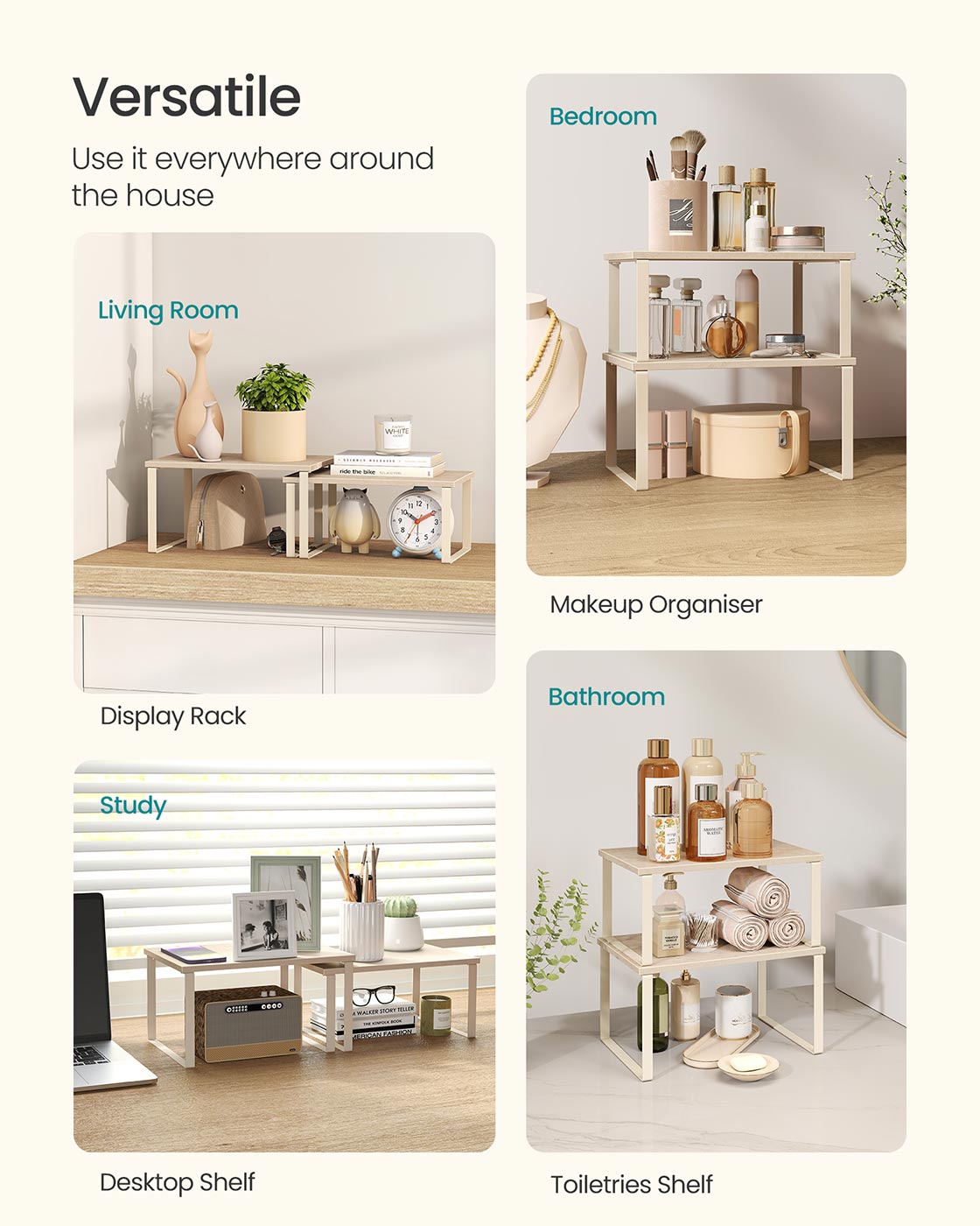 Spice Rack Set – Metal and Engineered Wood – Travertine Beige and Cream White – Expandable and Stackable Design