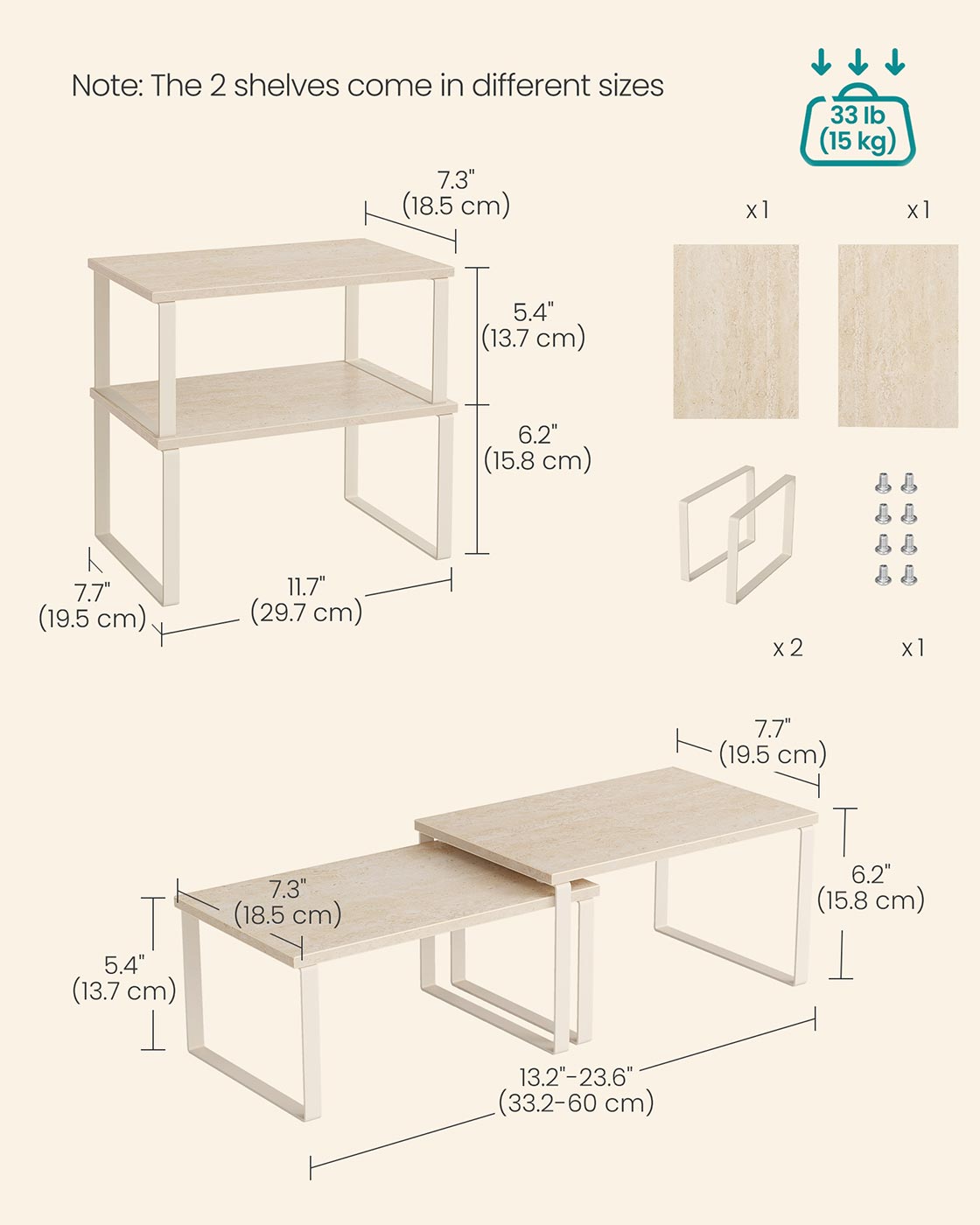 Spice Rack Set – Metal and Engineered Wood – Travertine Beige and Cream White – Expandable and Stackable Design