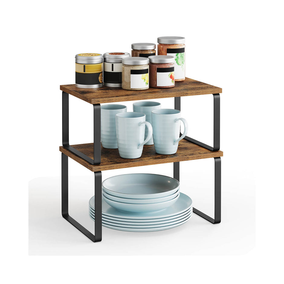 Set of 2 Cupboard Shelf Organisers – Metal and Engineered Wood – Black and Rustic Brown – Expandable and Stackable