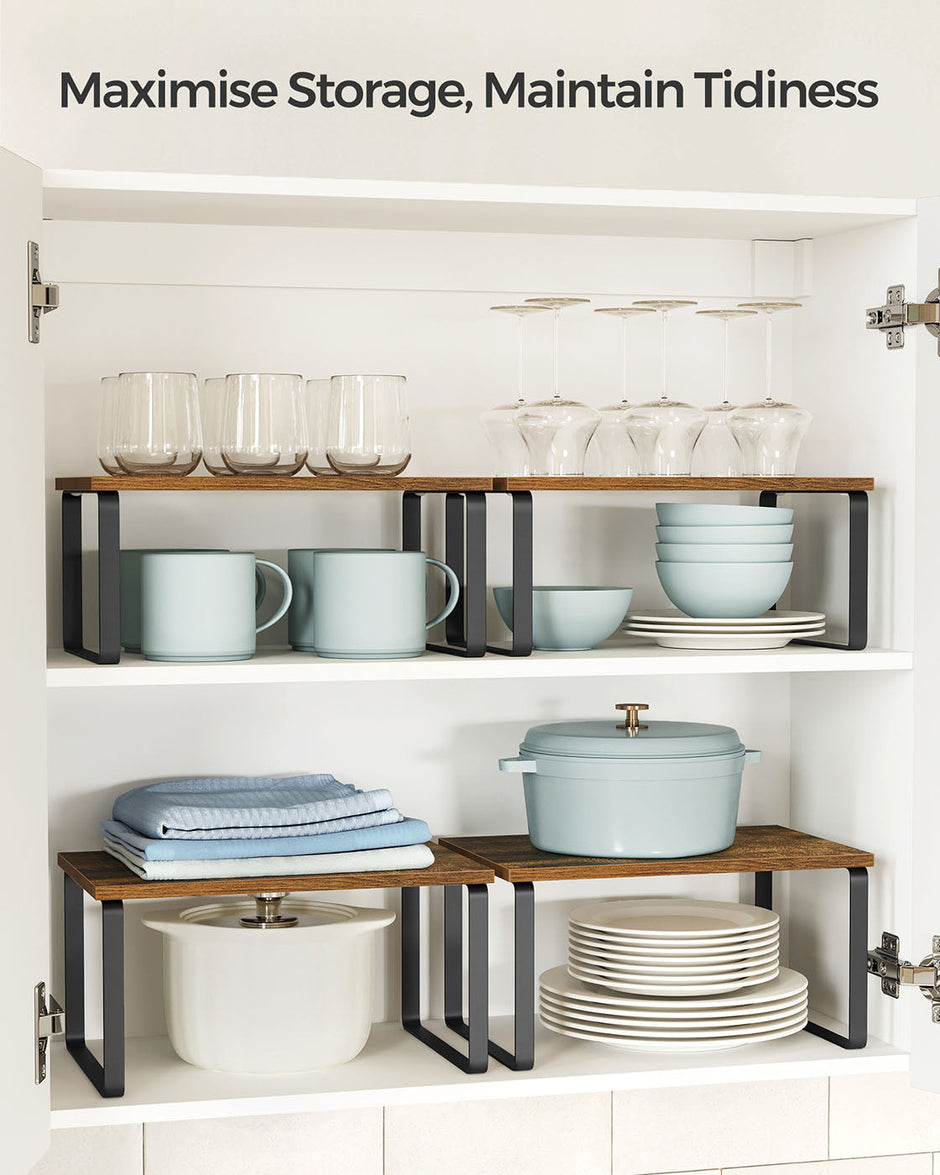 Set of 2 Cupboard Shelf Organisers – Metal and Engineered Wood – Black and Rustic Brown – Expandable and Stackable