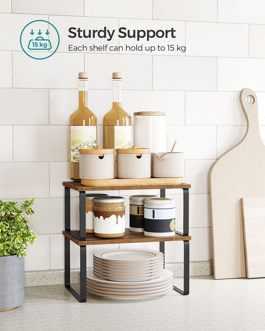 Set of 2 Cupboard Shelf Organisers – Metal and Engineered Wood – Black and Rustic Brown – Expandable and Stackable