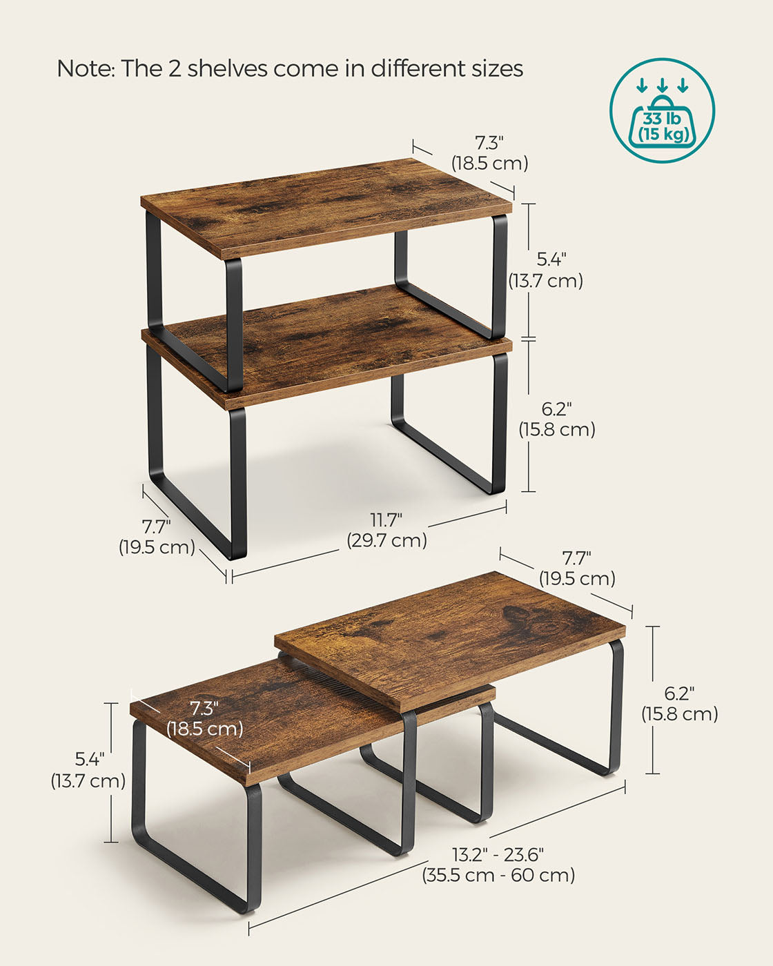 Set of 2 Cupboard Shelf Organisers – Metal and Engineered Wood – Black and Rustic Brown – Expandable and Stackable