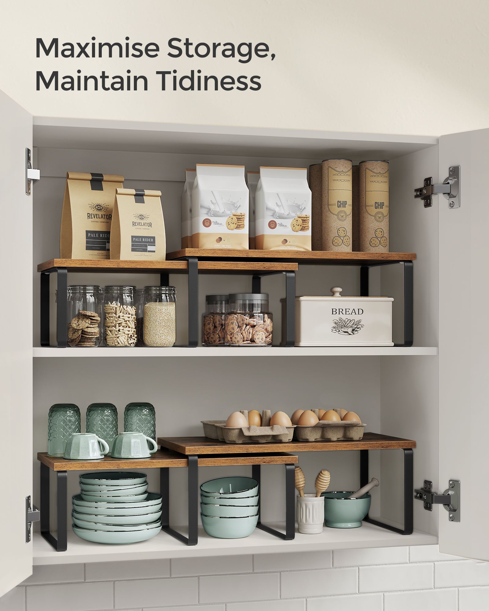 Set of 2 Cupboard Shelf Organisers – Metal and Engineered Wood – Expandable and Stackable – Kitchen Spice Holder