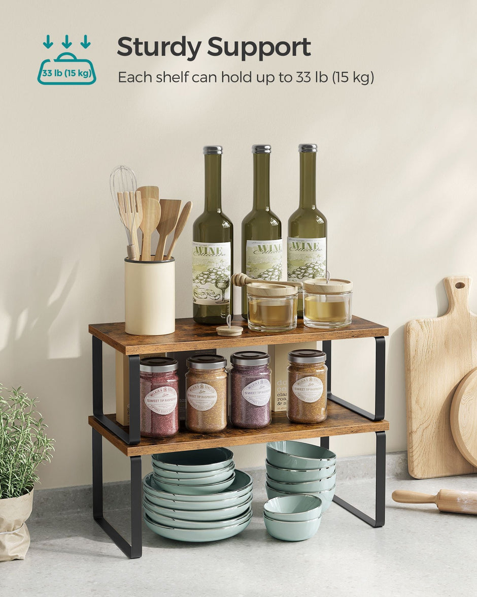 Set of 2 Cupboard Shelf Organisers – Metal and Engineered Wood – Expandable and Stackable – Kitchen Spice Holder