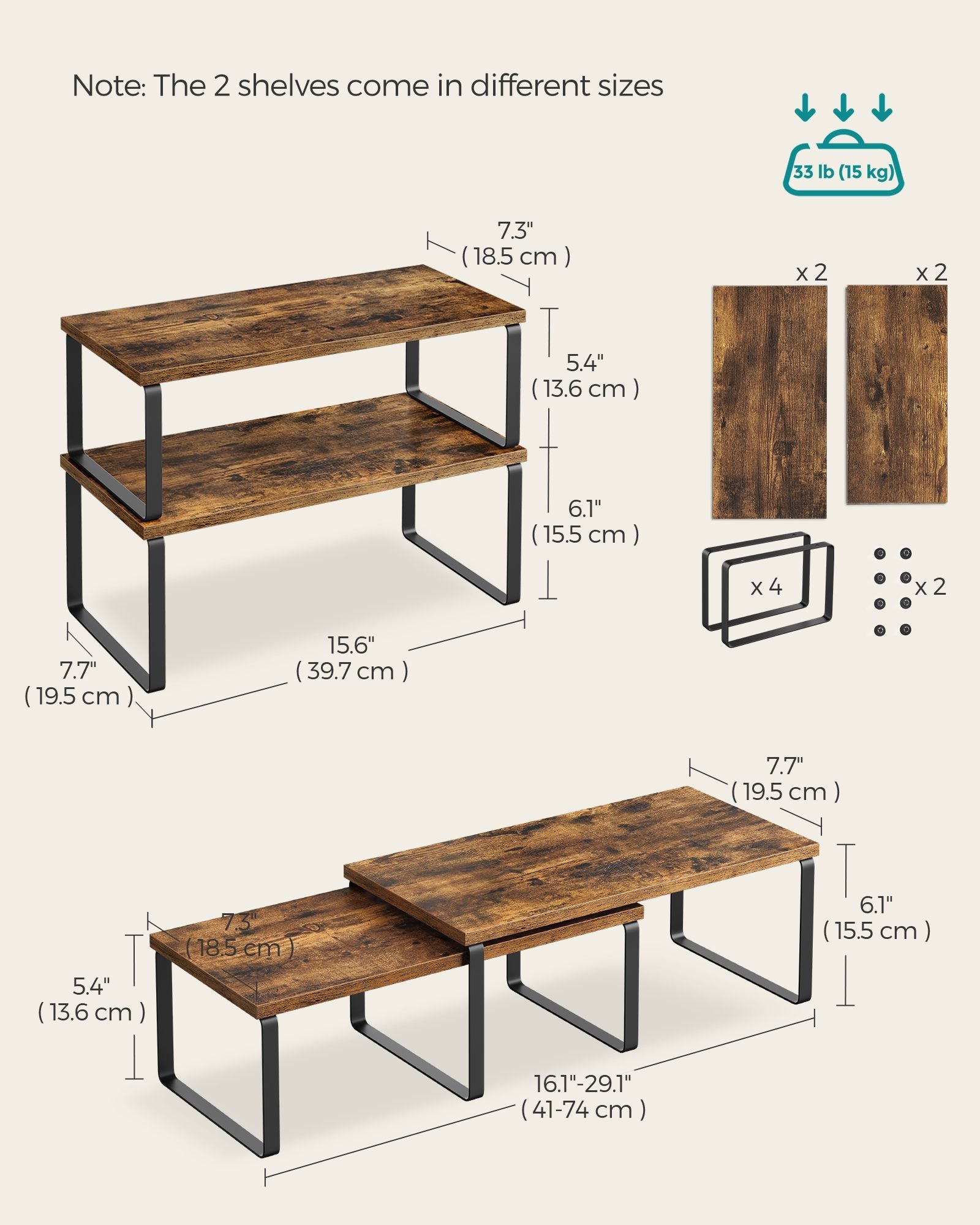 Set of 2 Cupboard Shelf Organisers – Metal and Engineered Wood – Expandable and Stackable – Kitchen Spice Holder