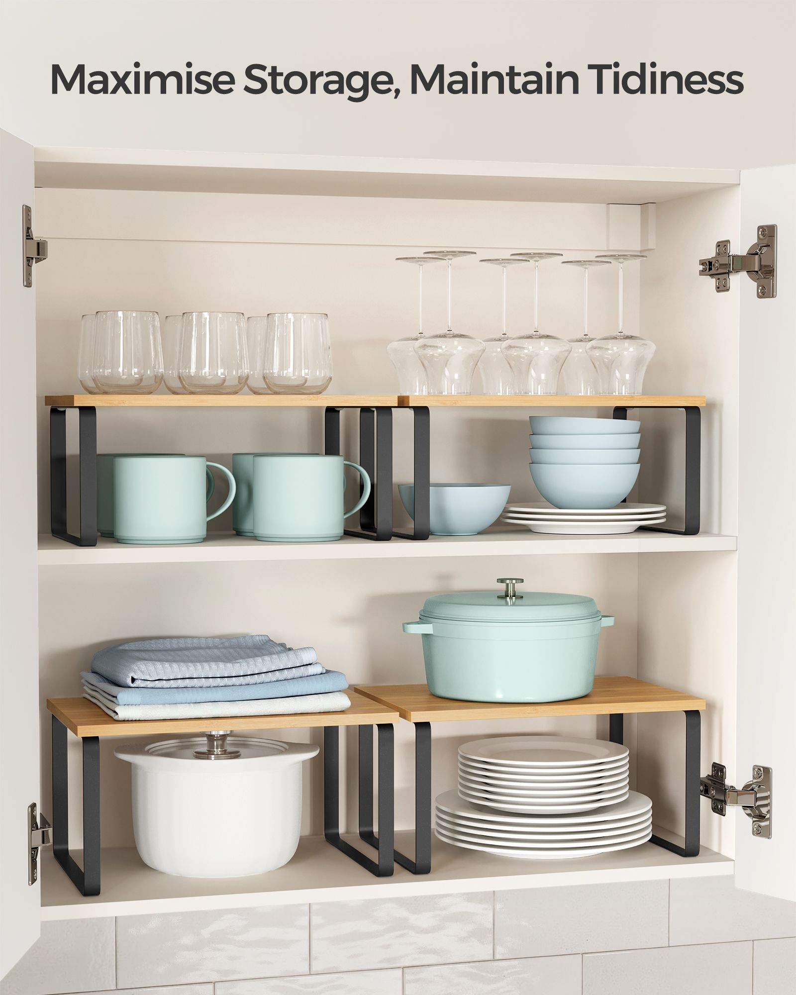 Set of 2 Stackable Spice Racks – Metal and Engineered Wood – Apricot Orange – Expandable Kitchen Shelf Organiser
