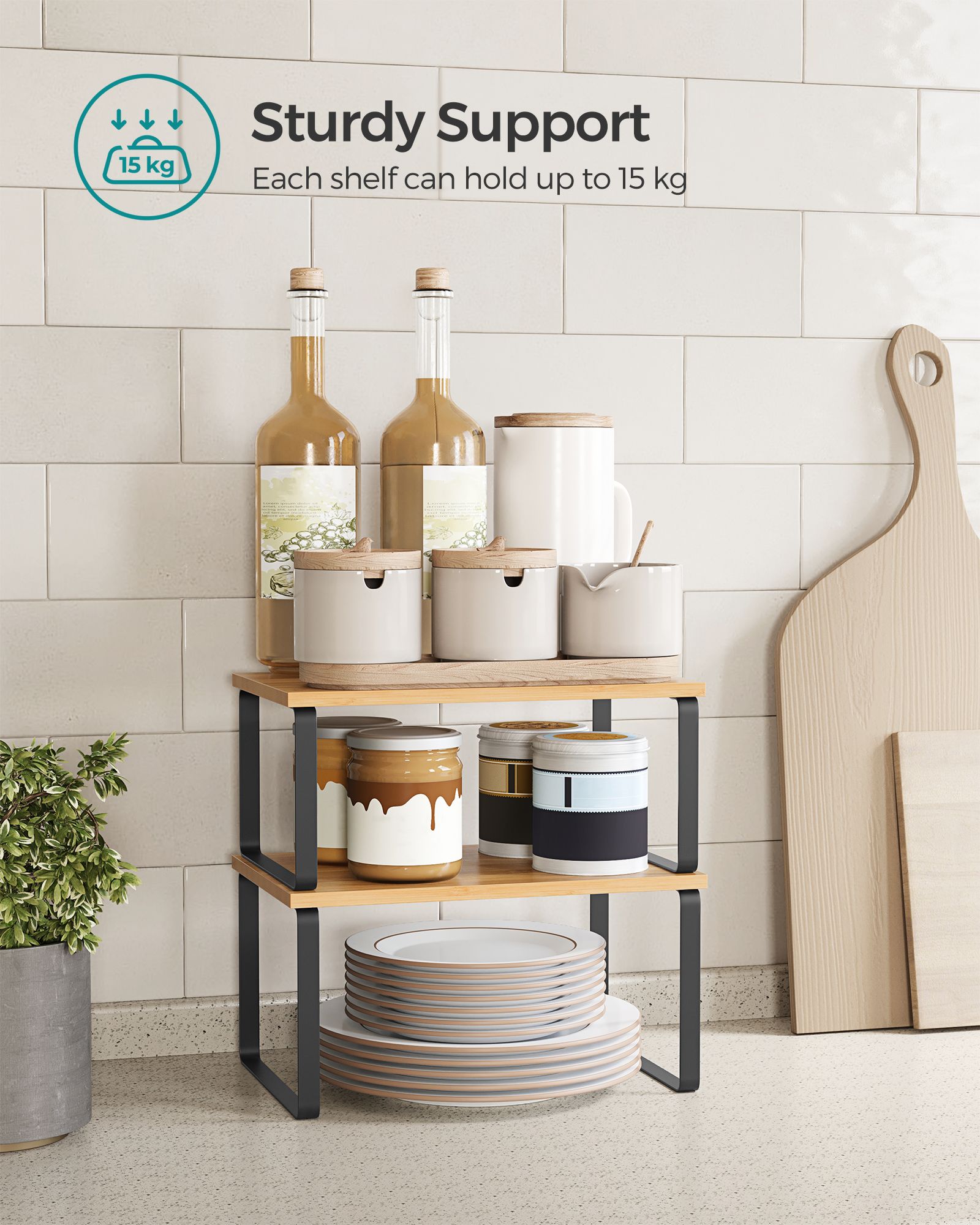Set of 2 Stackable Spice Racks – Metal and Engineered Wood – Apricot Orange – Expandable Kitchen Shelf Organiser
