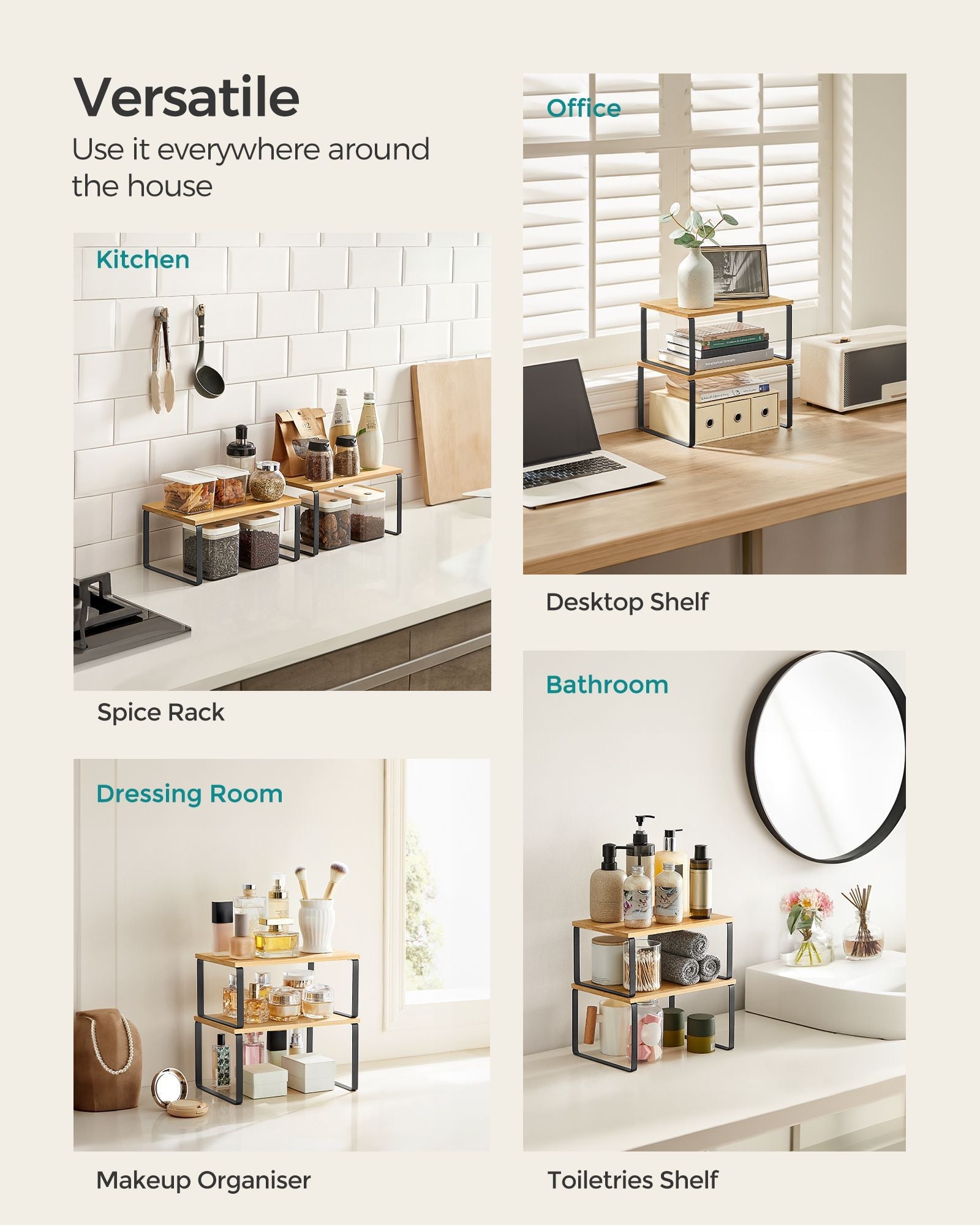 Set of 2 Stackable Spice Racks – Metal and Engineered Wood – Apricot Orange – Expandable Kitchen Shelf Organiser