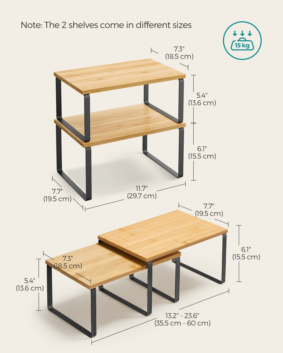 Set of 2 Stackable Spice Racks – Metal and Engineered Wood – Apricot Orange – Expandable Kitchen Shelf Organiser