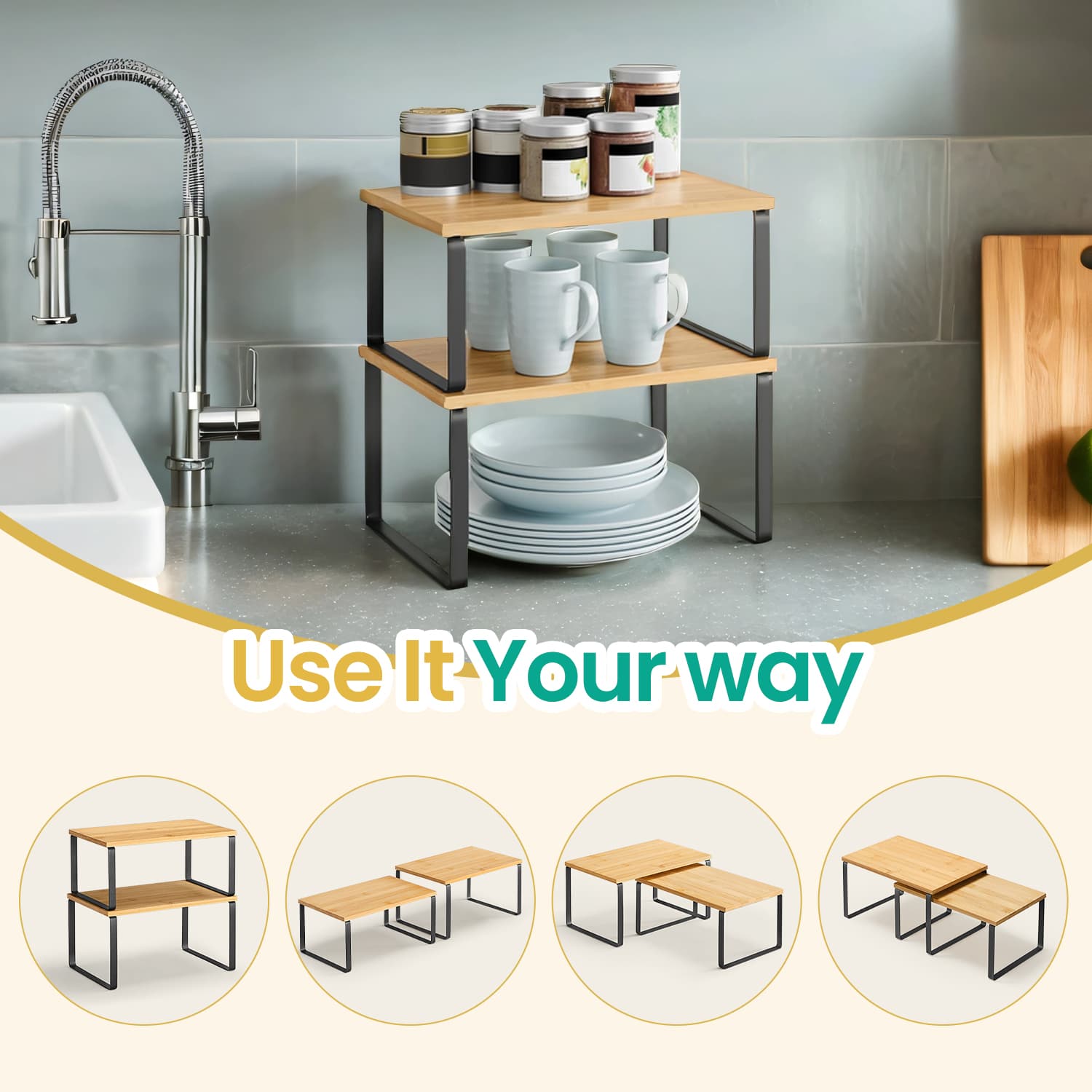 Cabinet Organizer Shelf – Metal and Engineered Wood – Apricot Orange – Set of 2 Expandable and Stackable Kitchen Storage Solutions